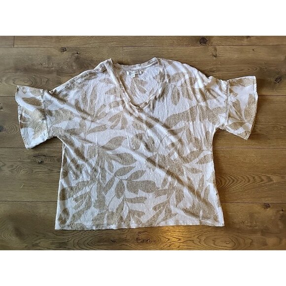 Chico's 3 (XL) Leaves Linen Blend Flutter Sleeve Top Beige White - Picture 2 of 6